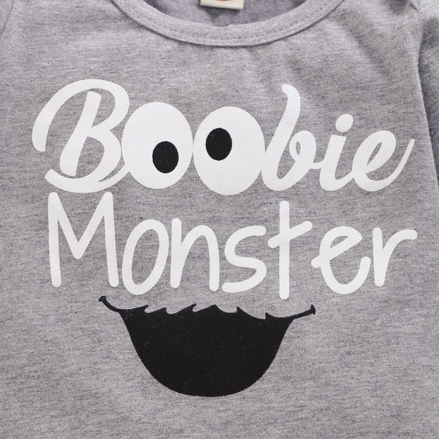 "Boobie Monster" Letter Printed Romper With Pants Baby Set