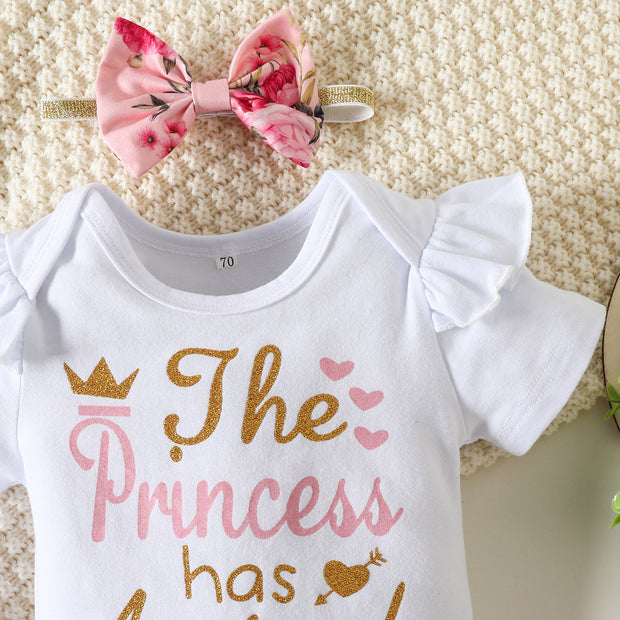 3PCS The Princess Has Arrived Letter Printed Floral Baby Set