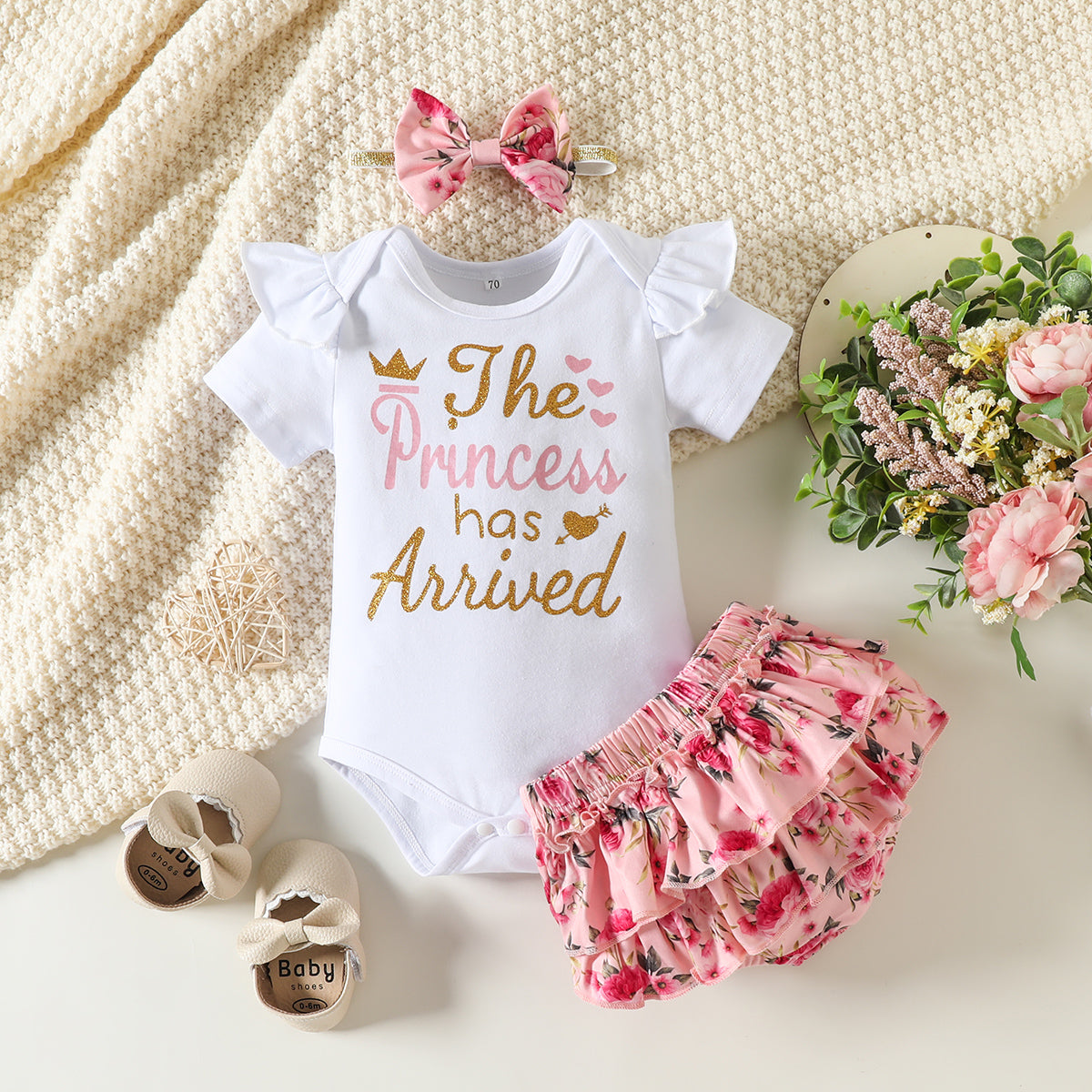 3 PCS A Princesa Chegou Conjunto de Bebê Floral com Carta Impressa
