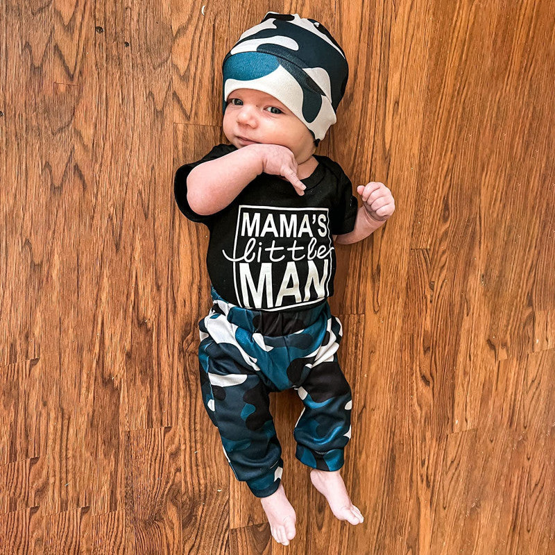 Conjunto de bebê estampado com letras camufladas do homenzinho da mamãe 3 peças