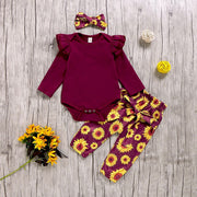 3PCS Sunflower Flutter-sleeve Bodysuit+ Pants +Headband Set