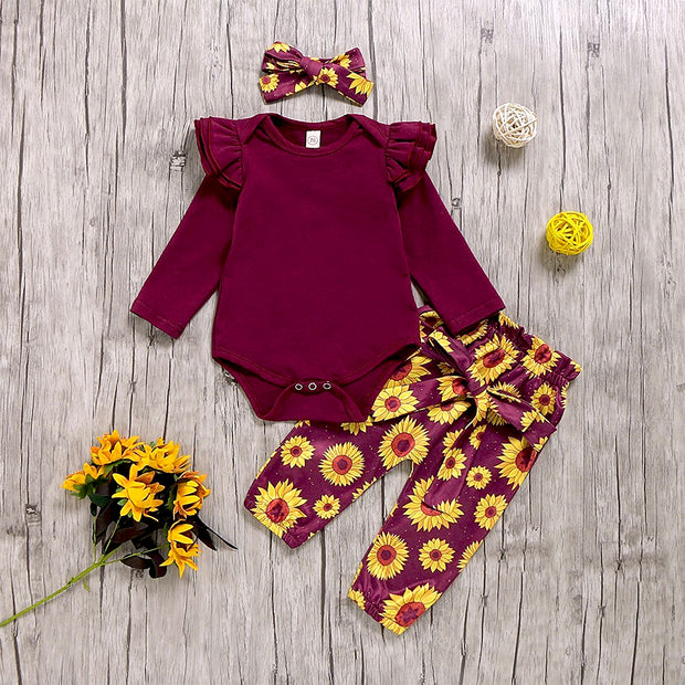 3PCS Sunflower Flutter-sleeve Bodysuit+ Pants +Headband Set