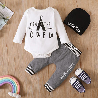 3PCS "New To The Crew" Letter Printed Baby Boy Set