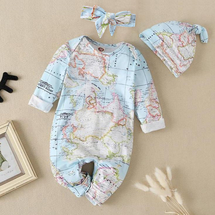 Jolie combinaison bébé à manches longues imprimée carte du monde avec chapeau