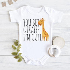 "You Bet Giraffe I'm Cute"Lovely Letters Giraffe Printed Short-sleeve Baby Romper