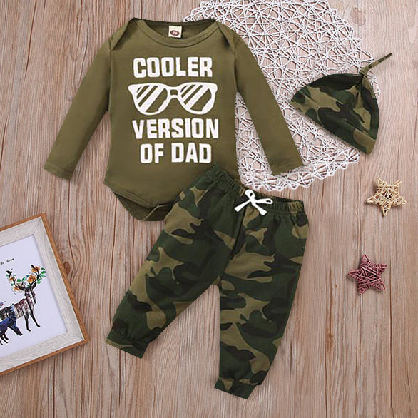 Ensemble 3 pièces pour bébé, barboteuse imprimée avec lettres «COOLER VERSION OF DAD» et pantalon imprimé camouflage, ensemble pour bébé