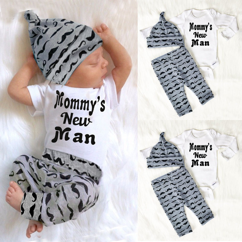 3Pcs Baby Boy Mommy's New Man Romper Tops+Pants with Hat