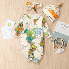 Macacão de bebê de manga comprida com estampa de mapa fofo 3 peças