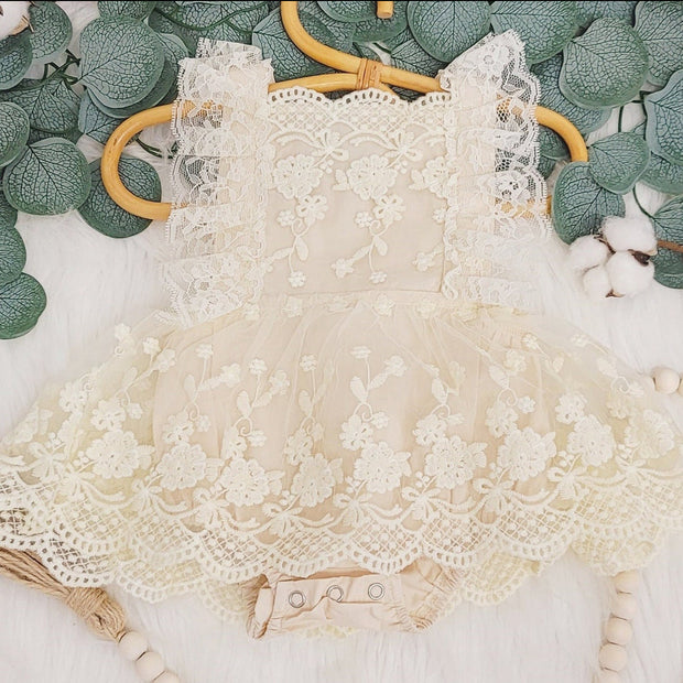 Pretty Solid Color Printed Lace Decor Sleeveless Baby Girl Romper