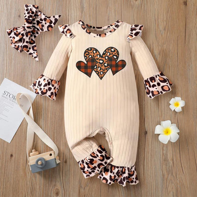 2PCS Lovely Heart Leopard Printed Long Sleeve Baby Jumpsuit