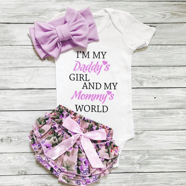 3PCS "Daddy's Girl Mommy's World" Floral Printed Baby Set