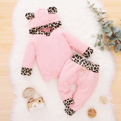 2PCS Baby Girl Soild Leopard Printed  Long Sleeve Hoodie With Pants Baby Clothes Set