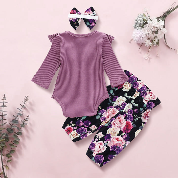 3PCS Purple Floral Printed Baby Girl Set