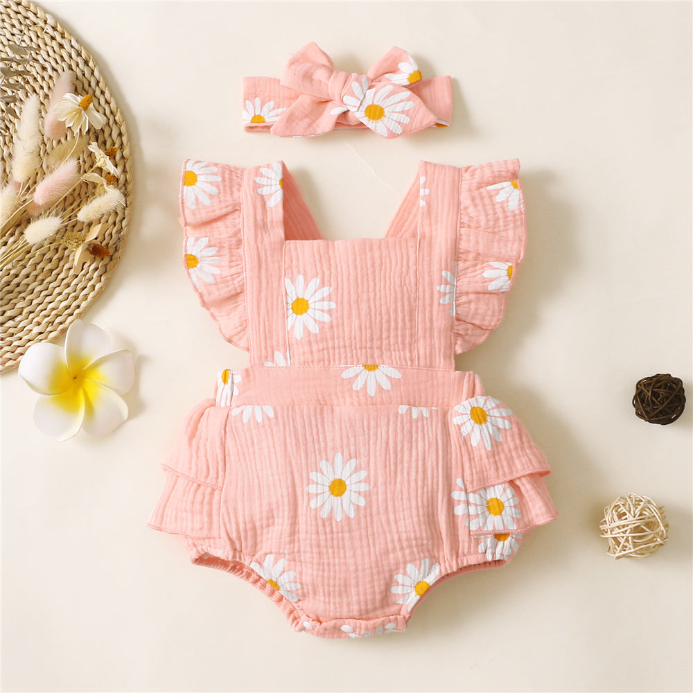 2 PCS lindo macacão estampado de girassol sem mangas para bebê
