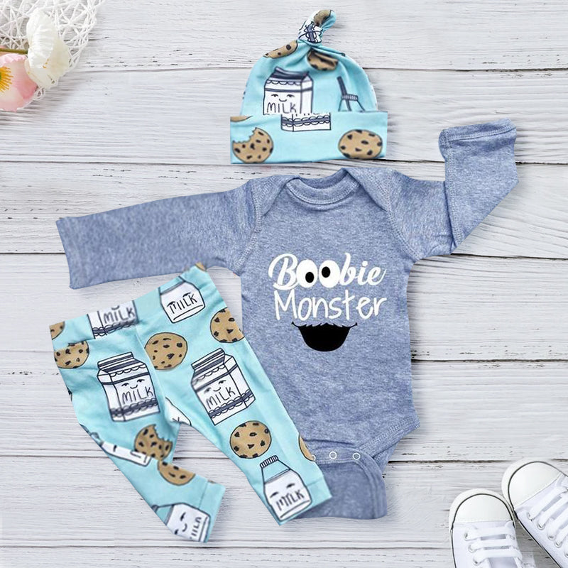 3 peças macacão estampado com letras "Boobie Monster" com calças estampadas em leite conjunto de bebê
