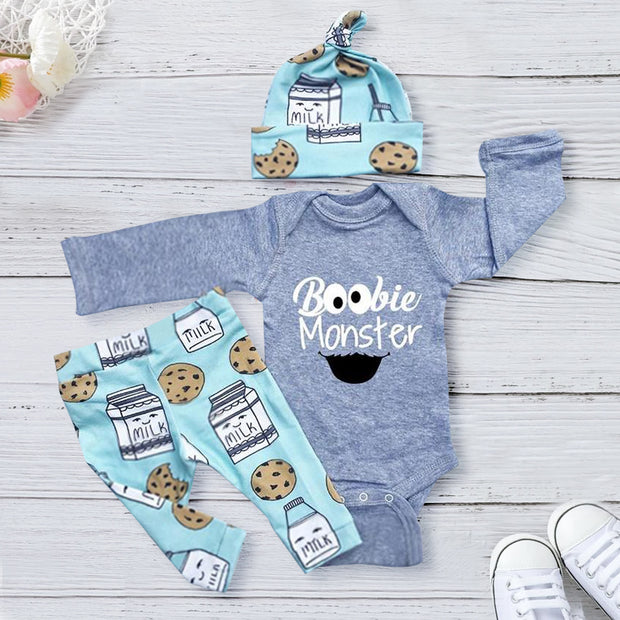 3PCS "Boobie Monster" Letter Printed Romper With Milk Printed Pants Baby Set