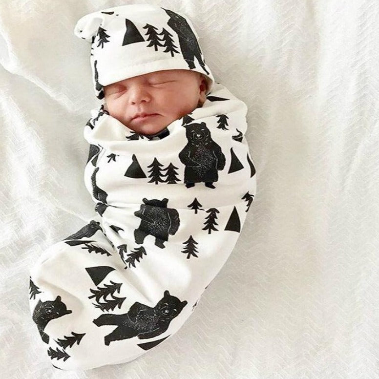Bebê menino menina árvore e urso impresso saco de dormir de manga comprida com chapéu 