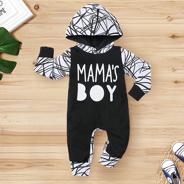 Cute "Mama's Boy" Letter Black Line Printed Long Sleeve Baby Boy Hoodie Jumpsuit