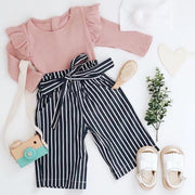 Ruffled Bodysuit and Striped Belted Pants