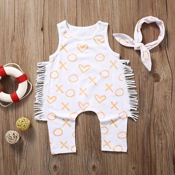 2PCS Lovely Baby Girl Heart Printed Bodysuit Romper+Headband