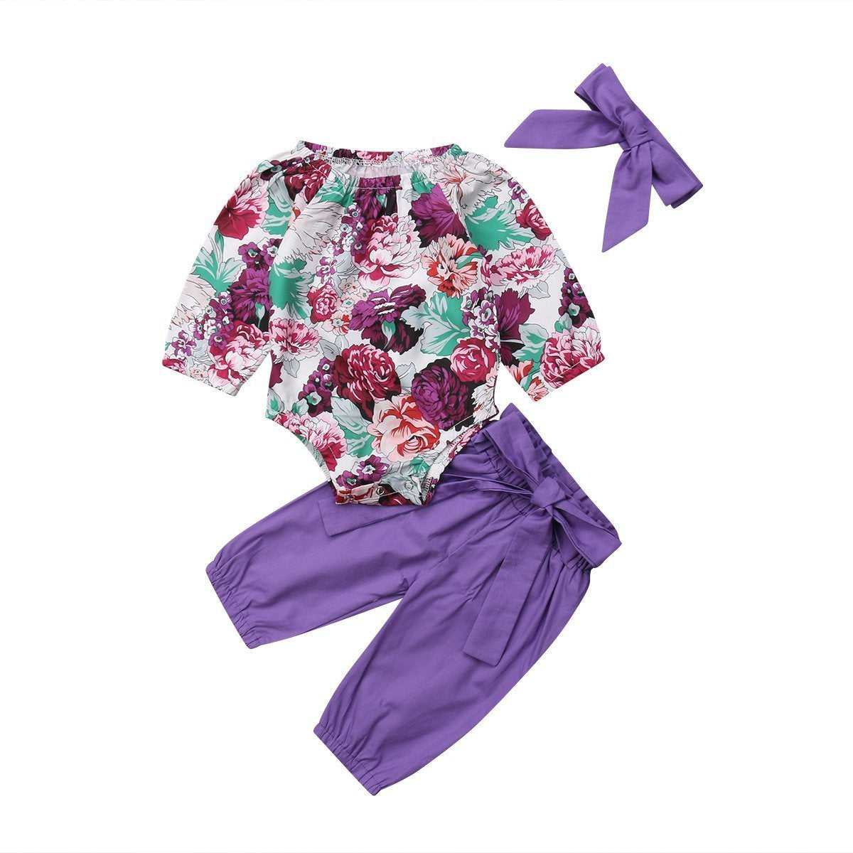 Floral Romper with Bowknot Decor Pants Set