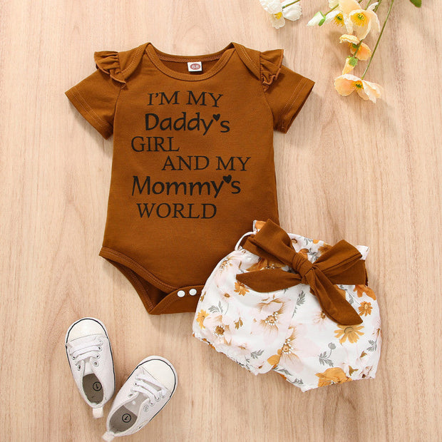 2PCS I'm My Daddy's Girl Mommy's World Letter Floral Printed Baby Set
