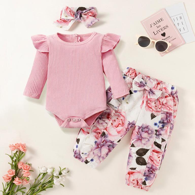 Conjunto de bebê de manga comprida com estampa floral adorável 3 peças