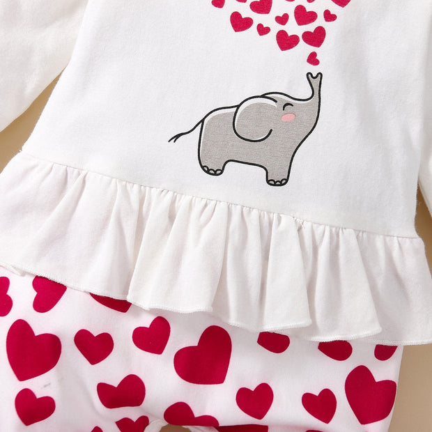 2PCS Cute Cartoon Elephant Heart Printed Baby Jumpsuit