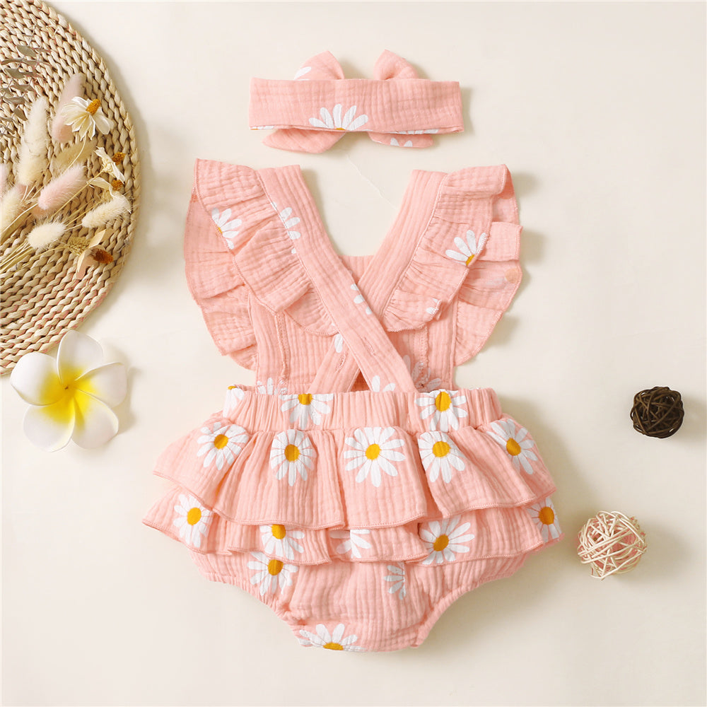 2 PCS lindo macacão estampado de girassol sem mangas para bebê