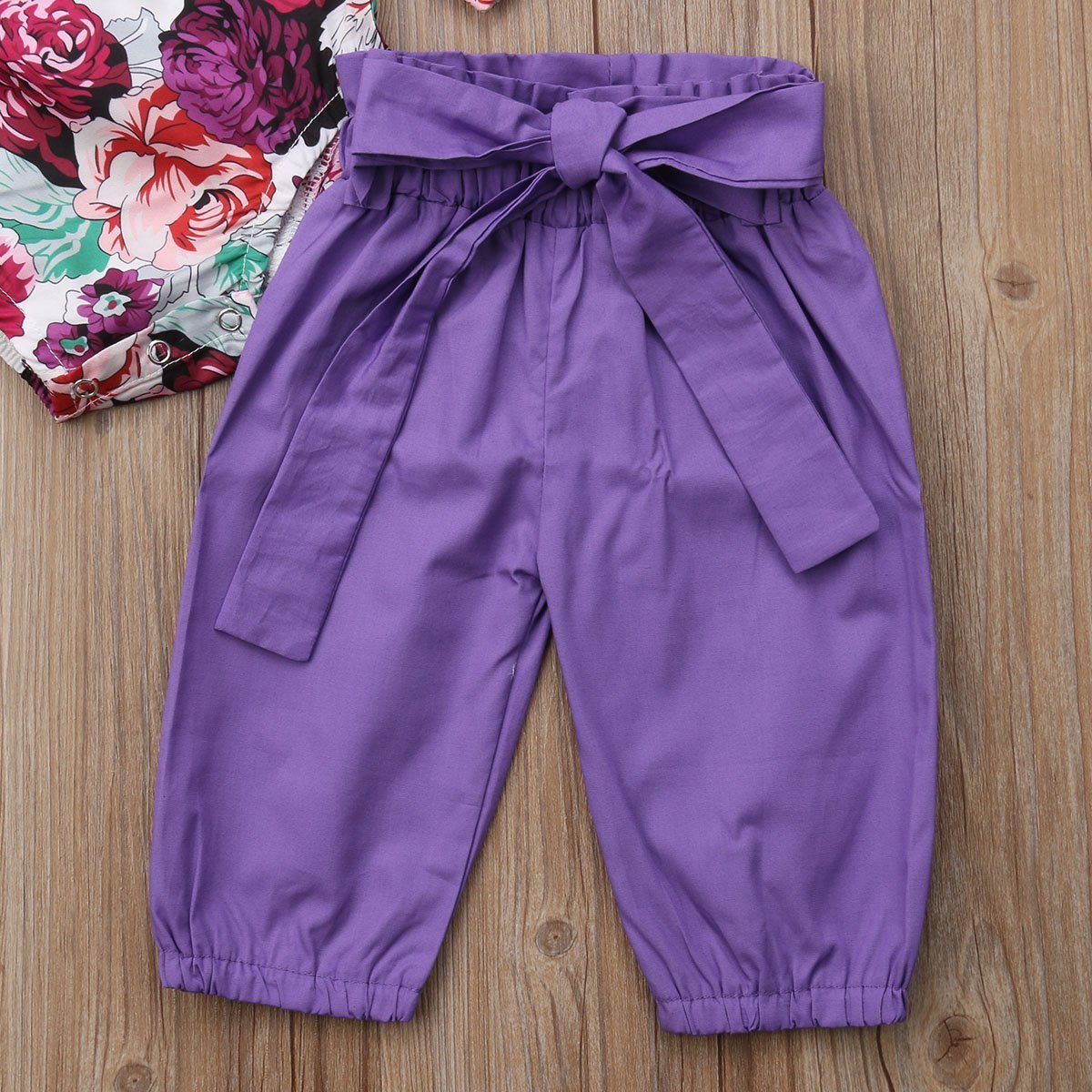 Floral Romper with Bowknot Decor Pants Set