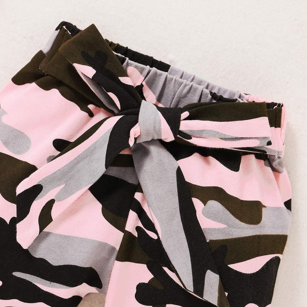 3PCS "Daddy's Little Girl" Letter Printed Rufffled Romper With Camouflage Printed Bowknot Pants Baby Girl Set