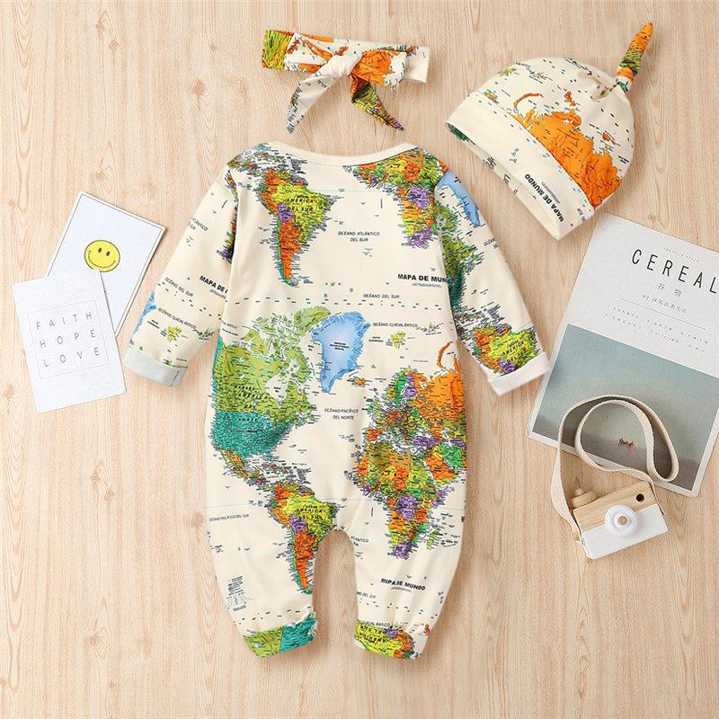 Macacão de bebê de manga comprida com estampa de mapa fofo 3 peças