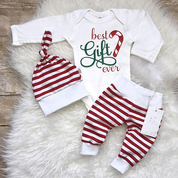 3PCS Best Gift Ever Letter Christmas Stripe Printed Baby Set
