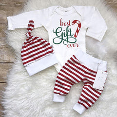 3PCS Best Gift Ever Letter Christmas Stripe Printed Baby Set