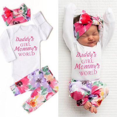 3PCS Baby Girl  "Daddy's Girl Mommy‘s World’" Letter Printed Romper with Full Floral Printed Pants Baby Set