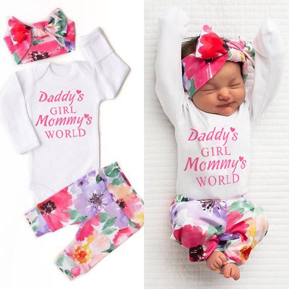 3PCS Baby Girl  "Daddy's Girl Mommy‘s World’" Letter Printed Romper with Full Floral Printed Pants Baby Set