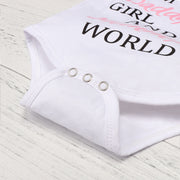 Letter Print Bodysuit & Floral Shorts & Headband