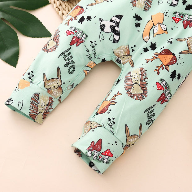 Cute Full Cartoon Plant And Animal Printed Long-sleeve Baby Jumpsuit