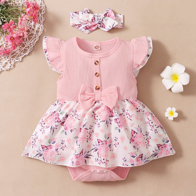 2PCS Lovely Floral Printed Baby Romper