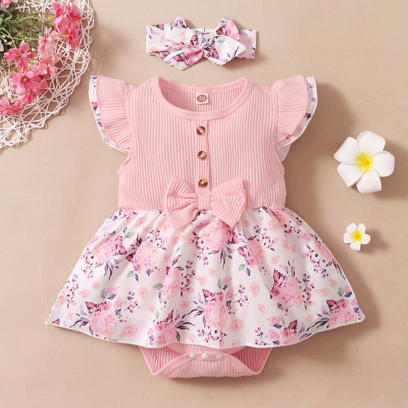 2PCS Lovely Floral Printed Baby Romper
