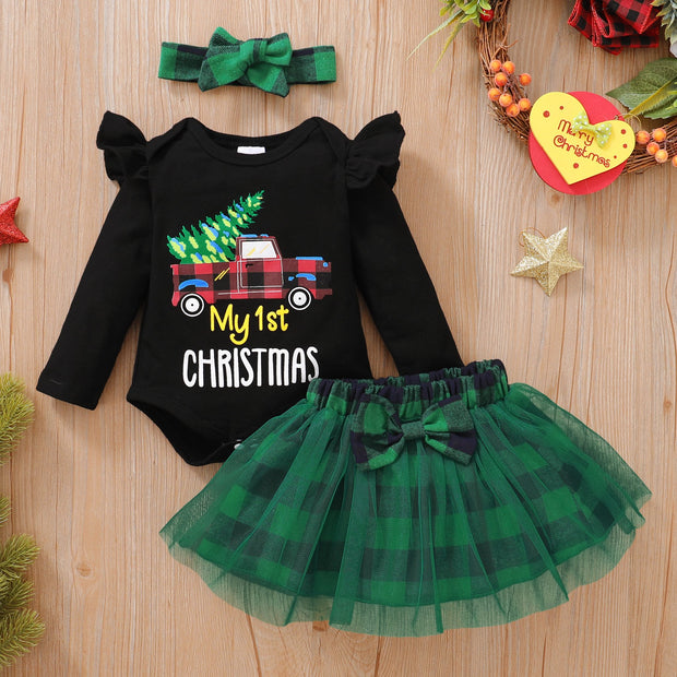 3PCS My 1st Christmas Letter Print Baby Skirt Set