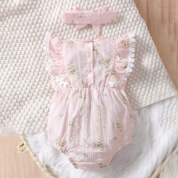 2PCS Solid Color Printed Baby Romper