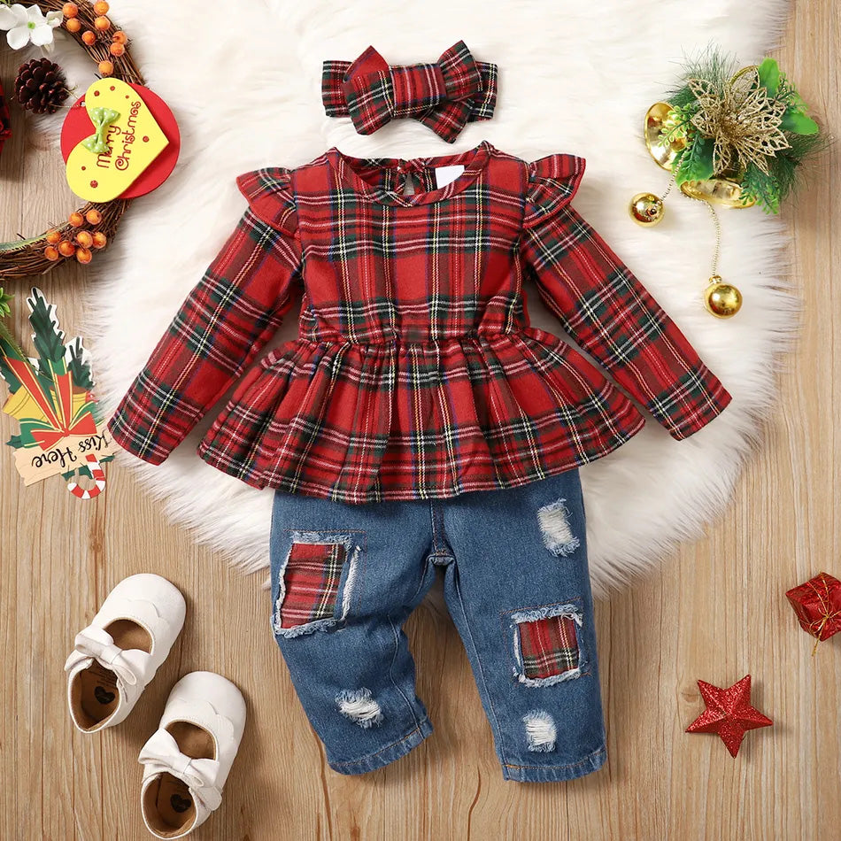 Ensemble bébé imprimé à carreaux de Noël 3PCS