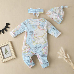 Jolie combinaison bébé à manches longues imprimée carte du monde avec chapeau