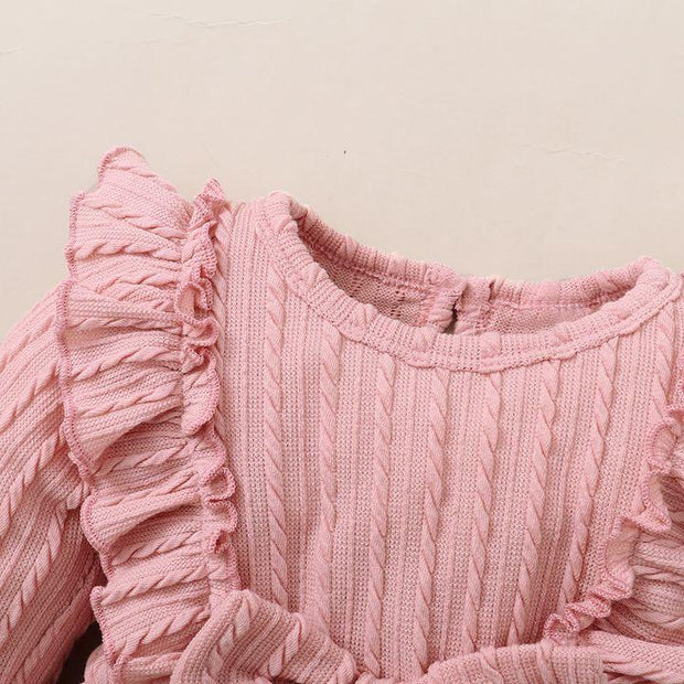 2PCS Solid Color Ruffle Bowknot Decor Long Sleeve Baby Jumpsuit