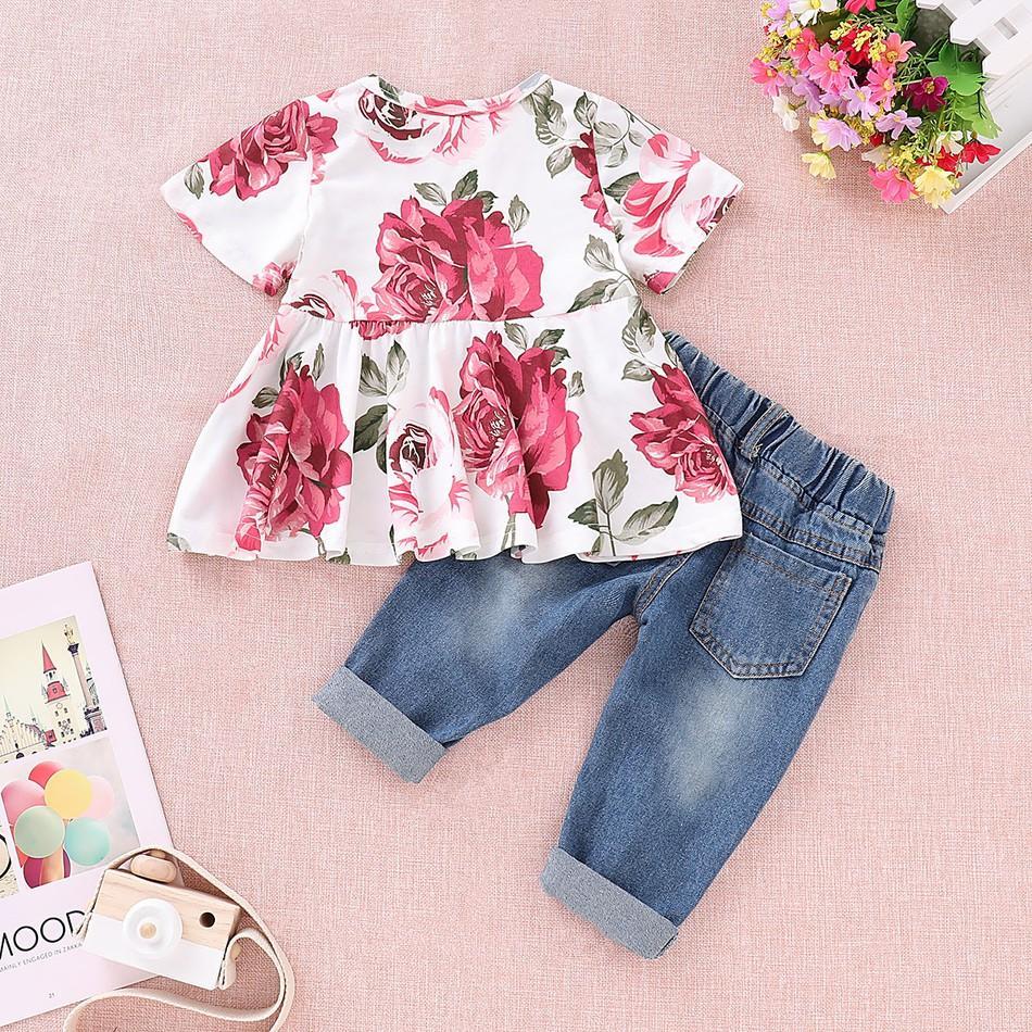 Floral Short-sleeve Top and Jeans Set
