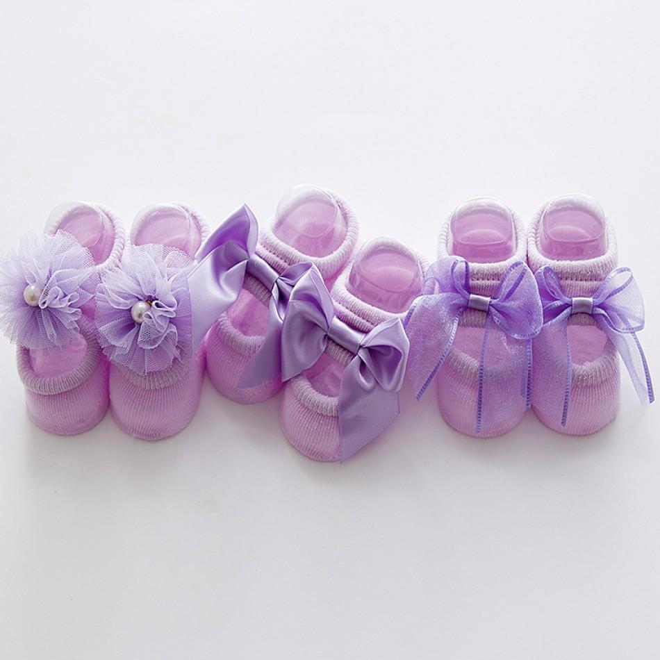 Lot de 3 jolies chaussettes nœud fleur 3D pour bébé fille
