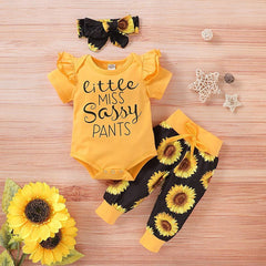 3 peças de body estampado de manga curta de girassol com conjunto estampado floral