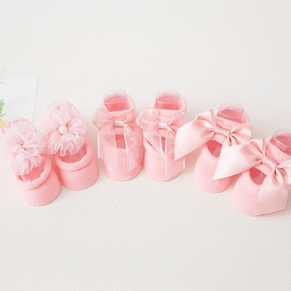 Lot de 3 jolies chaussettes nœud fleur 3D pour bébé fille