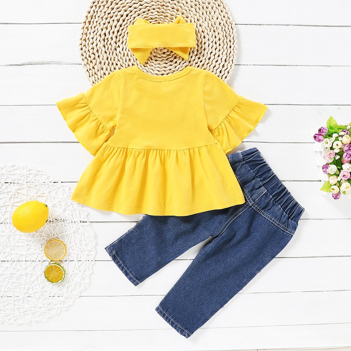 3PCS Baby/Toddler Solid Top and Floral Jean Set